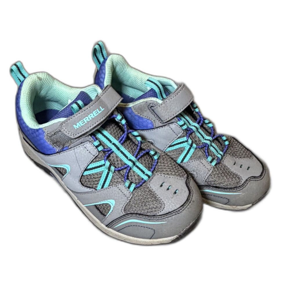 Merrell Girls Size 3.5 Hiking Shoes Gray Teal Purple Hook Loop Trail Sneakers